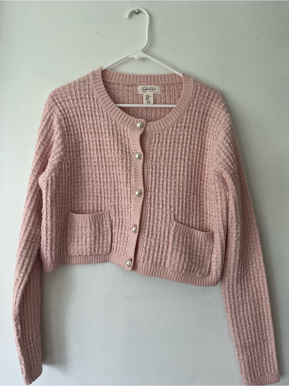 Jessica Simpson pink knit cropped cardigan with pearl buttons size XL